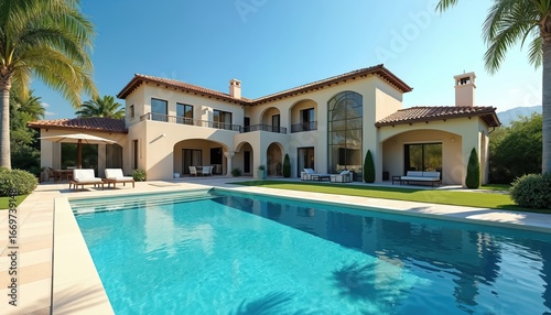 Wallpaper Mural Luxurious modern estate with swimming pool on sunny day. Contemporary architecture features expansive windows, balconies, outdoor seating areas. Rich gardens, palm trees surround property, offering Torontodigital.ca