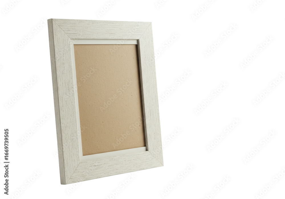 Fototapeta premium Vintage rectangular photo frame, distressed off-white border, aged paper texture, isolated on transparent background with copy space, high-key studio light, 3/4 view. Concept of versatile visual
