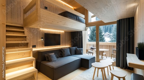 Cozy wooden cabin interior with loft bed