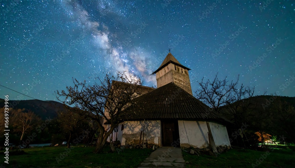 Fototapeta premium A rustic church stands under a night sky filled with stars and the milky way, creating a serene and peaceful scene.
