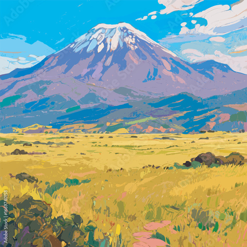 Mount Kilimanjaro with Vast Grassland Background Vector