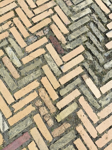 Multi color paving bricks laid in a diagonal herringbone pattern with broken weathered surface