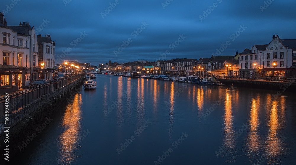 Obraz premium Canal town at dusk, lights reflecting on water