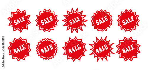 Sale discount promo boxes. Red splash badges. Star burst price stickers, stamps. Set of circle tag product labels. Starburst shapes isolated on white background. Vector illustration.