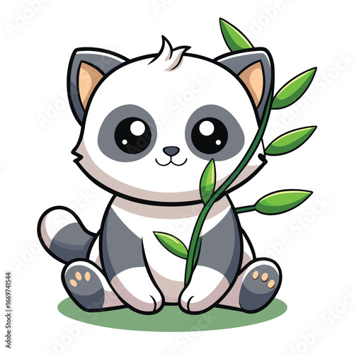 A cute baby giant panda character eats bamboo in a fun cartoon illustration of nature and wildlife