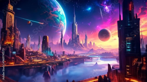Vivid futuristic cityscape on alien planet under starry sky and large planets, bridges, glowing roads