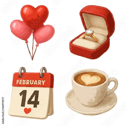 Valentine’s Day icons set with heart balloons, diamond ring, February 14 calendar, and coffee latte art, transparent AI vector.