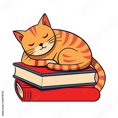 A beautiful domestic kitten with gray tabby fur and fluffy white patches peacefully sleeps on a book
