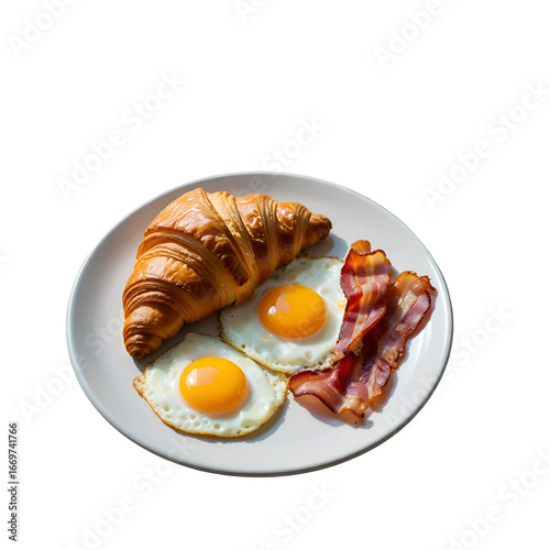 Delicious breakfast with croissant, fried eggs, and crispy bacon on a plate, appetizing food photography on white background, mouthwatering meal, high-quality image