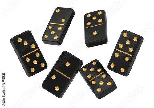 Multiple black and gold dominoes isolated on transparent background
