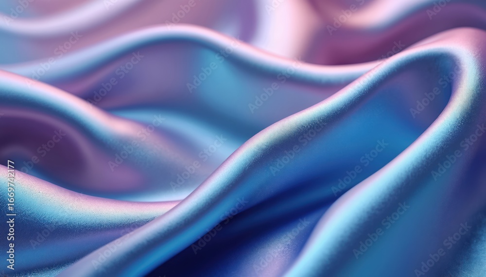 Obraz premium Smooth blue, purple iridescent satin fabric creates flowing waves of color. Shiny textile features subtle gradient, holographic effect, perfect for luxurious fashion, clothing, decorative designs.