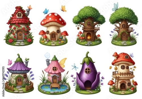 Collection of fairy houses with mushroom, tree and eggplant isolated on white background