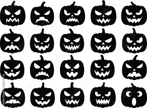 Collection of 20 black scary halloween pumpkin faces with different expressions halloween elements set