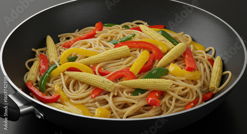 Delicious Spaghetti with Bell Peppers and Baby Corn.