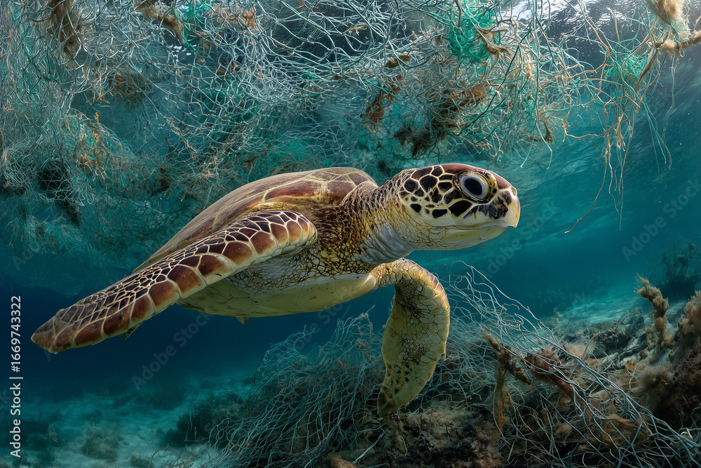 Fototapeta premium A green sea turtle glides gracefully beneath the water's surface. The turtle is caught in a tangle of fishing net debris, showcasing the impact of ocean pollution on marine life
