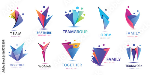 Vector set of people logos. Community, together, family signs. Health and sport, winner and business leader origami geometric colorful logotypes. Medical care, charity and success person design