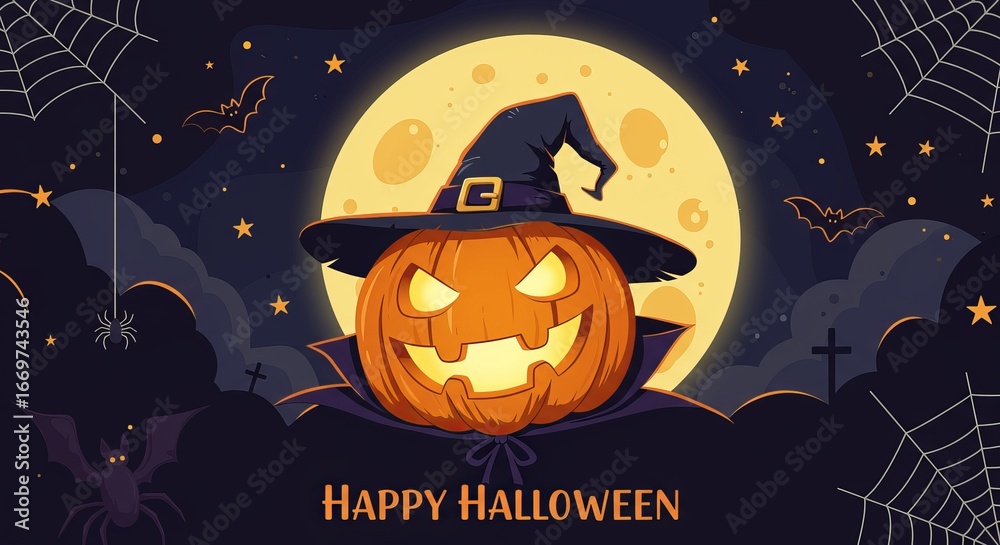 Fototapeta premium Spooky Halloween Pumpkin with Witch Hat and Full Moon Background