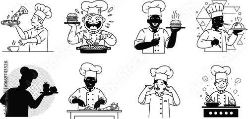 Cartoon chefs cooking, tasting, grilling, serving pizza, burger, soup, and tea, kitchen activities, culinary art, food preparation, joyful cooking scenes
