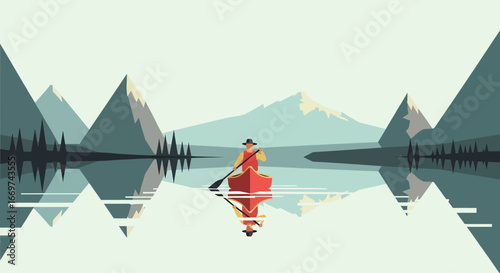 A lone figure in a red canoe paddles across a glass-like lake, the minimalist, geometric mountains perfectly reflected in the still water. A moment of serene solitude and quiet adventure.