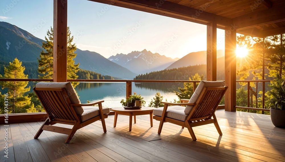 Naklejka premium Sunrise view from a deck overlooking a calm lake and majestic mountains