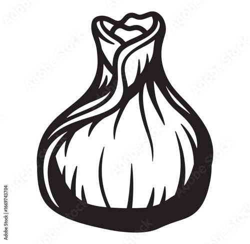 A bold black and white illustration of a freshly harvested garlic bulb