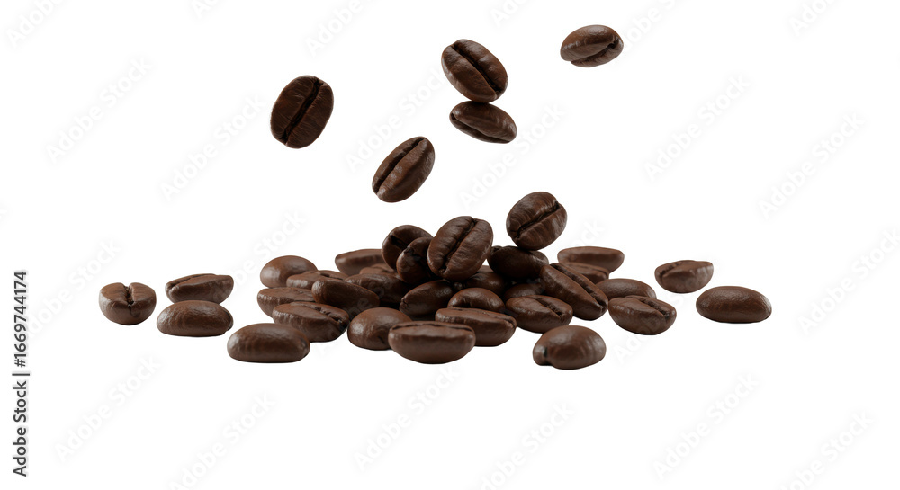 Naklejka premium Dark roasted, distinct coffee beans, rich deep brown and black, mid-scatter on a transparent seamless surface with ample negative space, conveying dynamic energy. Concept for coffee advertising
