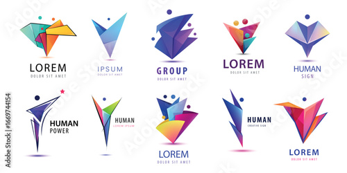 Vector set of people logos. Community, together, family signs. Health and sport, winner and business leader origami geometric colorful logotypes. Medical care, charity and success person design