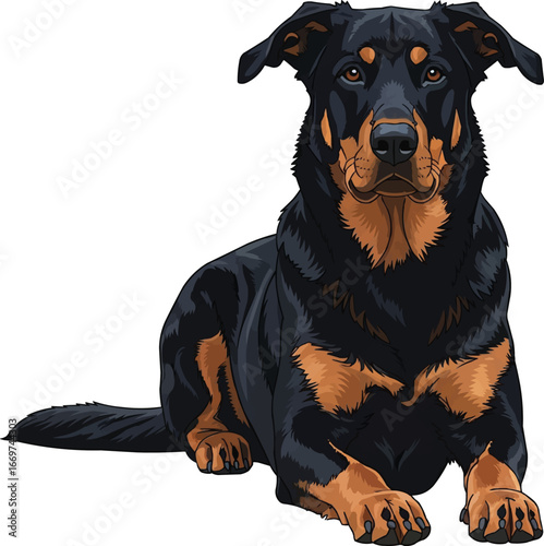 Beauceron dog lying down relaxed alert facing front illustration