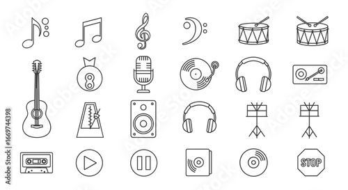 Illustration of various musical instruments and audio equipment icons