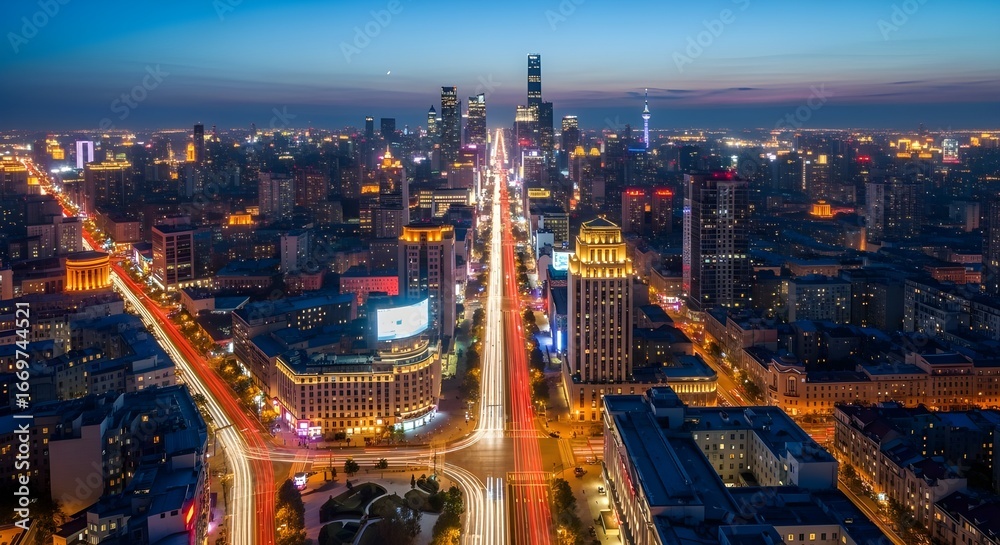 Obraz premium A breathtaking aerial view of a big city at night, with glowing highways, skyscrapers, and urban lights creating a mesmerizing atmosphere. Ideal for themes of modern city life, transportation, and arc