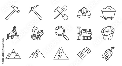 Illustration of mining related icons including tools and geological formations