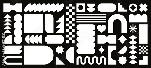 Minimalist geometric shapes, abstract brutalism forms. Contemporary primitive shape silhouettes, brutal basic figures, simple ovals and arches, modern swiss aesthetic graphic design element vector set