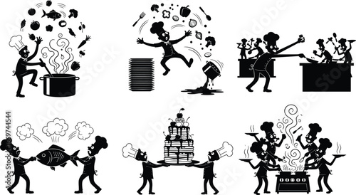 Funny chef cooking, kitchen chaos, big cake, food fight, restaurant teamwork, comical culinary scene, cartoon kitchen silhouette vector illustration