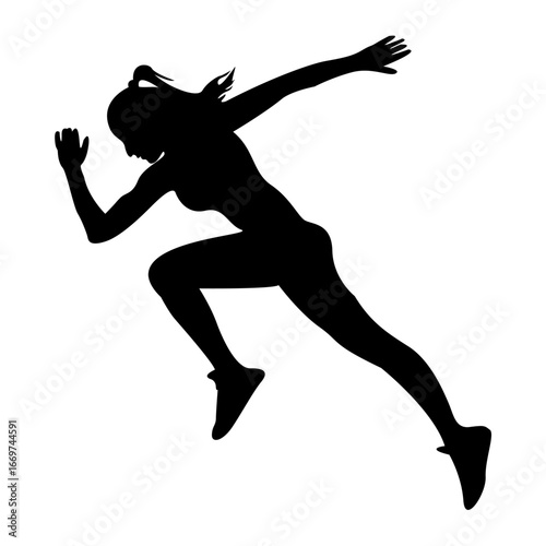 Silhouette of a woman sprinting in dynamic motion. Perfect for sport, fitness, running, health, lifestyle, and energy concepts. Ideal for websites, apps, posters, infographics, and advertisements.