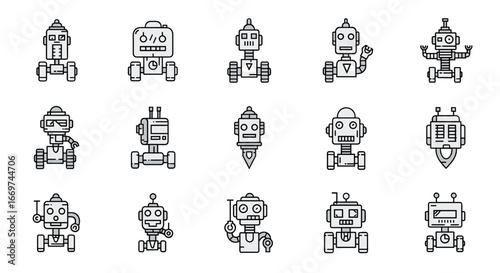 Collection of fifteen unique robots with various designs and features