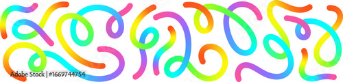 Colorful gradient squiggles with hand drawn grunge texture, abstract bold wavy lines and swirls. Childish wave and spiral doodles, curvy stripes, simple playful linear rainbow scribbles vector set
