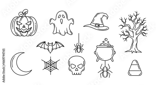 Collection of halloween themed line art illustrations in black and white