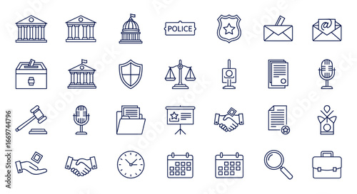 Collection of law and government related outline icons in neat rows