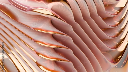 3D rendering, abstract pink background with gold border, layered folds and curves.
