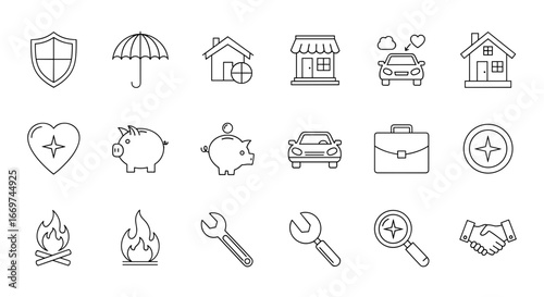 Collection of various outline style icons including house car and tools