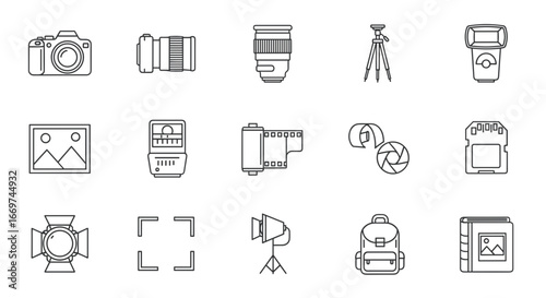 Outline icons depicting photography equipment and accessories collection
