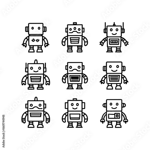 Cute robot collection simple doodle art characters futuristic android icons technology symbols line drawings
