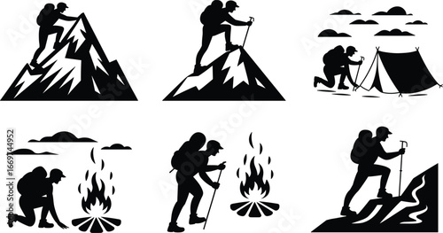 Mountain hiking silhouettes, backpacker climbing peaks, camping in wilderness, campfire moments, outdoor adventure, nature exploration, trekking journey, active lifestyle, hiking gear