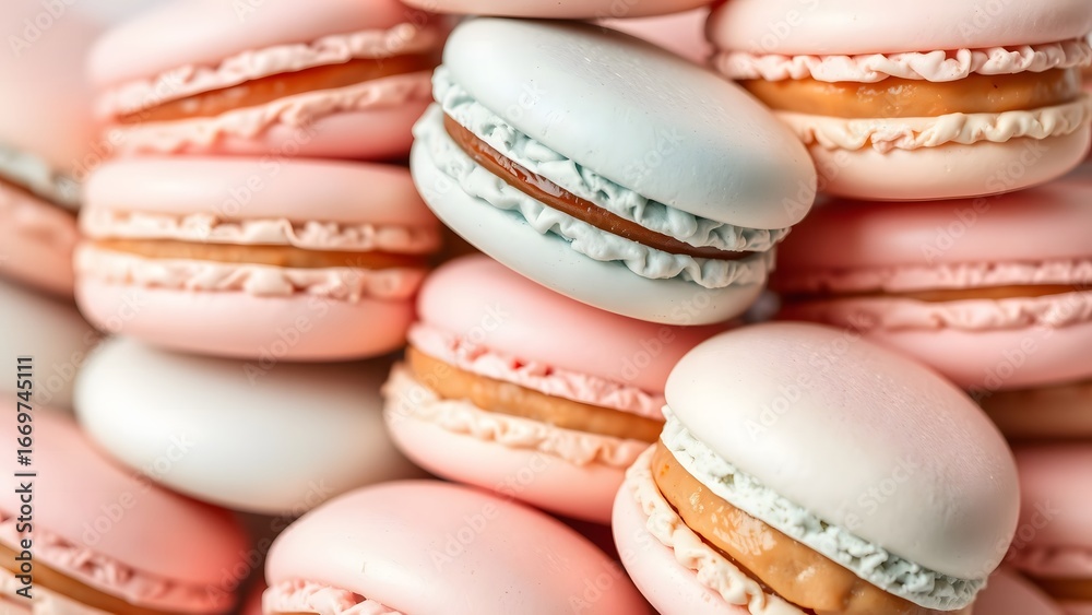 Obraz premium Close-up of a pile of vibrant pink and blue pastel macarons with creamy filling.