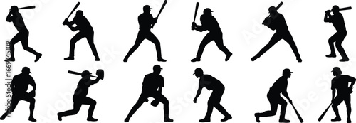 Dynamic Baseball Player Silhouettes Collection: Batters and Fielders in Action, Sports Training, Athletic Performance, Team Game, American Pastime, Competitive Spirit, Softball, Exercise, Fitness, 