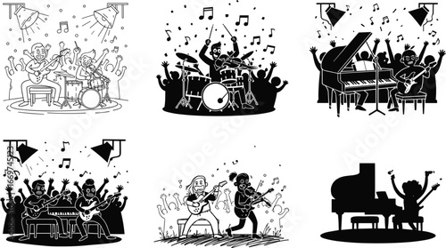 Musicians performing live concert, rock band, piano, drums, guitar, music event, crowd cheering, cartoon silhouette music vector illustration