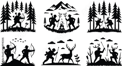 Silhouette hunters with bows, camping by campfire, mountain background, wilderness adventure, deer hunting, forest trees, outdoor survival, archery practice, wildlife exploration