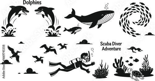 Ocean wildlife illustration, dolphins jumping, whale swimming, scuba diver exploring coral reef, sea turtles, underwater adventure, marine life, ocean animals, aquatic ecosystem, fish schooling