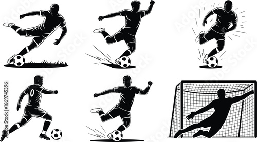 Soccer player silhouettes kicking, dribbling, diving, and defending with ball, athletic action poses, sports motion illustration, competitive football match, team game