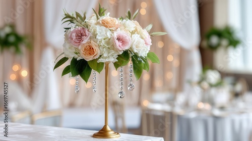 Beautiful flower arrangement adorns wedding reception hall, creating a celebratory and romantic ambiance